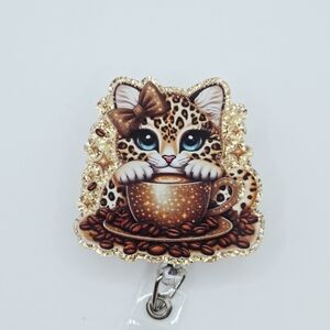 Leopard Cat Badge Holder with Coffee Design Belt Or Alligator Clip Mix & Match